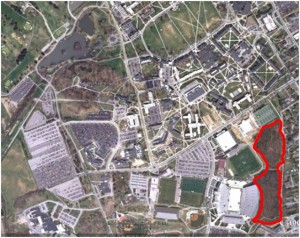fig.1 Figure 1. Stadium Woods outlined in red on the Virginia Tech campus, Blacksburg, Virginia.